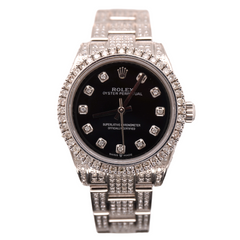 Rolex Oyster Perpetual 31mm Midsize ICED 6ct Diamonds Black Steel Watch 177200