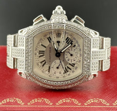 Cartier Roadster XL Men's Watch White Dial 43mm Iced Out 13ct Diamonds Ref 2618