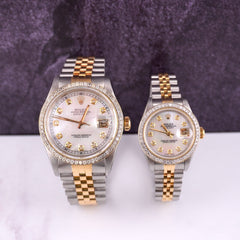 Rolex SET Datejust 26/36mm 18k Yellow Gold & Steel ICED 1.75ct Diamonds MOP Dial