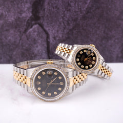 Rolex SET Datejust 26/36mm 18k Yellow Gold & Steel ICE 1.75ct Diamond Black Dial