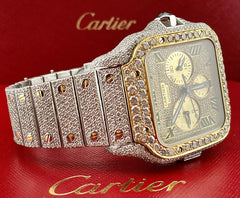 Cartier Santos 45mm XL Chrono Men's 18k Gold & Steel Watch 25ct Iced Diamonds