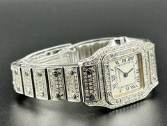 Cartier Santos Galbee Ladies 24mm Steel Watch Roman Dial Iced 4ct Diamonds 1565