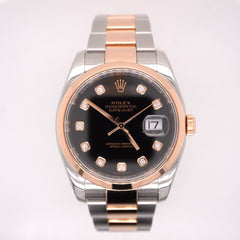 Rolex Datejust 36mm Watch Black Diamond Dial 18k Rose Gold & Steel 116201