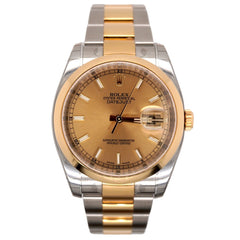 Rolex Datejust 36mm Gold Dial 18k Yellow Gold 2-Tone Smooth Oyster Watch 116203