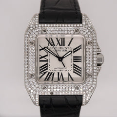 Cartier Santos 100 33mm Watch Iced 2ct Genuine Diamonds Roman Leather Ref 2878