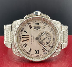 Cartier Calibre 42mm Men's Steel Watch White Dial Iced 11ct Diamonds Ref 3389