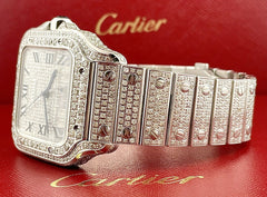 Cartier Santos Men's 40mm Large Model Steel Watch Roman Iced Out 12ct Diamonds