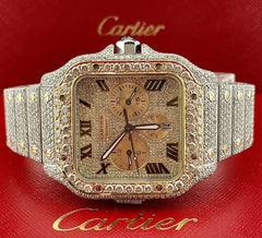 Cartier Santos 45mm XL Chrono Men's 18k Gold & Steel Watch 25ct Iced Diamonds