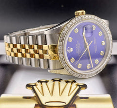 Rolex Mens Datejust 36mm 18k Yellow Gold & Steel ICED 1.75ct Diamonds Blue Dial