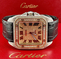 Cartier Santos 100 XL Mens 2-Tone Watch Iced 8ct Genuine Diamond Roman Ref 2656