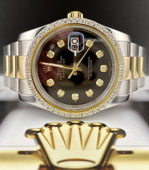 Rolex Datejust 36mm 18k Yellow Gold & Steel Oyster Watch 2ct Diamonds Black Dial