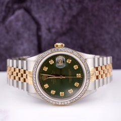 Rolex Mens Datejust 36mm 18k Yellow Gold & Steel ICED 1.75ct Diamonds Green Dial