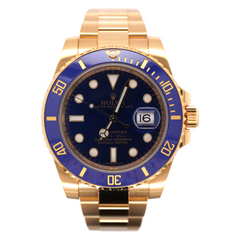 ROLEX 40MM SUBMARINER DATE WATCH 18K YELLOW GOLD BLUE CERAMIC BEZEL 116618LB