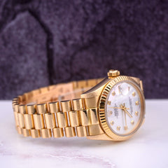 Rolex Midsize Datejust 31mm 18k Yellow Gold Press MOP Diamond Dial Ladies Watch