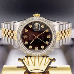 Rolex Mens Datejust 36mm 18k Yellow Gold & Steel ICED 1.75ct Diamonds Black Dial