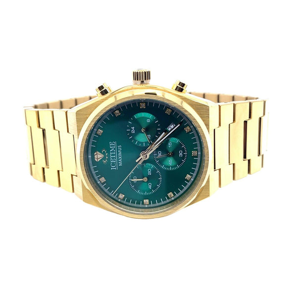 IceTime Maximus 41mm Men Yellow Gold Steel Watch Green Dial Iced