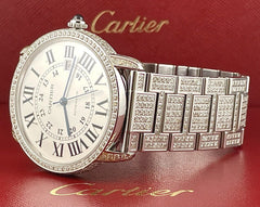 Cartier Rondo Solo Mens Steel Watch 42mm Iced Out 10ct Genuine Diamonds Ref 3802