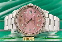 Rolex Ladies Date 34mm ICED 2ct Diamonds Pink Dial Oyster Steel Watch Ref 15000