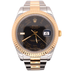 Rolex Men's Datejust II 41mm 18k Gold&Steel Oyster Black Roman Dial Watch 116333