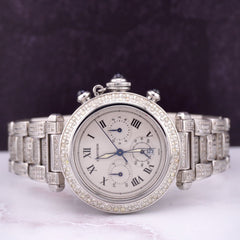 Cartier Pasha Chrono Ladies 38mm Steel Watch Roman Iced 7ct Diamonds Ref 1050