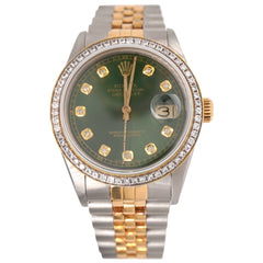 Rolex Mens Datejust 36mm 18k Yellow Gold & Steel ICED 1.75ct Diamonds Green Dial