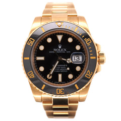 ROLEX 40MM SUBMARINER DATE WATCH 18K YELLOW GOLD BLACK CERAMIC BEZEL 116618LN