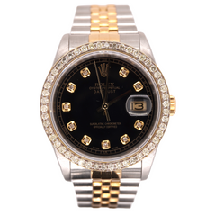 Rolex Mens Datejust 36mm 18k Yellow Gold & Steel ICED 1.75ct Diamonds Black Dial