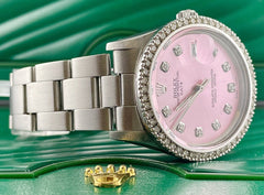 Rolex Ladies Date 34mm ICED 2ct Diamonds Pink Dial Oyster Steel Watch Ref 15000