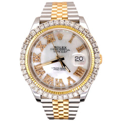 Rolex Men's Datejust 41 18k Gold & Steel ICED 4.00ct Diamond Roman Pearl Dial