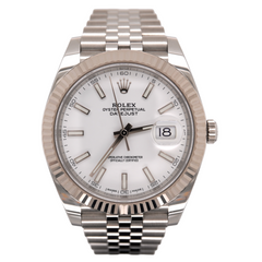 Rolex Datejust 41 Men Steel Watch White Stick Dial Fluted Bezel Jubilee 126334