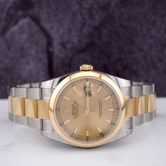 Rolex Datejust 36mm Gold Dial 18k Yellow Gold 2-Tone Smooth Oyster Watch 116203