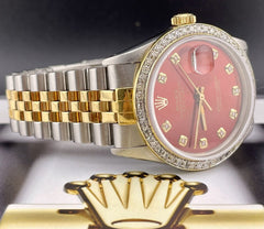 Rolex Mens Datejust 36mm 18k Yellow Gold & Steel ICED 1.75ct Diamonds Red Dial