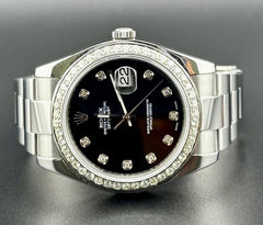 Rolex Mens Datejust 41mm Oyster Steel Watch ICED 3ct Diamond Black Dial 116300