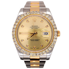 Rolex Men's Datejust 41mm 18k Gold & Steel Iced 3ct Diamonds Gold Dial 116333