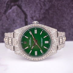 Rolex Oyster Perpetual 41mm Mens Steel Watch Iced 16ct Diamonds GREEN Ref 124300