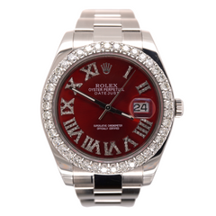 Rolex Men Datejust 41mm Oyster Steel Watch ICED 3ct Diamond RED Roman Dial