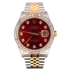 Rolex Mens Datejust 36mm 18k Yellow Gold & Steel ICED 1.75ct Diamonds Red Dial