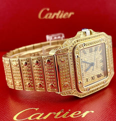 Cartier Santos 32mm Ladies Watch Iced 10ct YELLOW Diamonds Gold PLATED Ref 2823