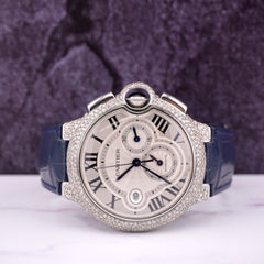 Cartier Ballon Bleu 44mm Iced 5ct Diamonds Steel Mens Watch Roman Auto Ref: 3109