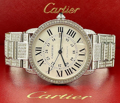 Cartier Rondo Solo Mens Steel Watch 42mm Iced Out 10ct Genuine Diamonds Ref 3802