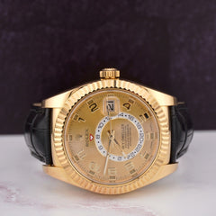 Rolex Sky-Dweller 42mm 18k Yellow Gold Fluted Arabic Dial Alligator Ref 326138