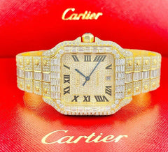 Cartier Santos Large Men's 40mm 18k Yellow Gold Watch Iced Out 30ct Diamonds