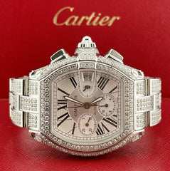 Cartier Roadster XL Men's Watch Silver Dial 43mm Iced Out 12ct Diamonds Ref 2618