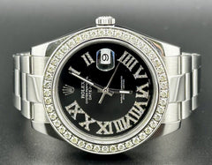 Rolex Mens Datejust 41mm Oyster Steel Watch ICED 3ct Roman Black Dial 116300