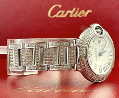 Cartier Ballon Bleu Ladies Watch 29mm Iced Out 6ct Diamonds Steel Quartz 3009