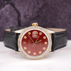 Rolex Mens Datejust 36mm Gold/Steel ICED 1.75ct Diamond Red Dial Watch Leather