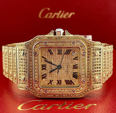 Cartier Santos 32mm Ladies Watch Iced 10ct YELLOW Diamonds Gold PLATED Ref 2823