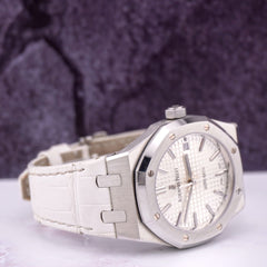 Audemars Piguet Royal Oak 37mm White Dial Stainless Steel Watch Leather 15450st