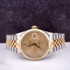 Rolex Mens Datejust 36mm 18k Yellow Gold & Steel Watch Gold Dial Ref: 16013