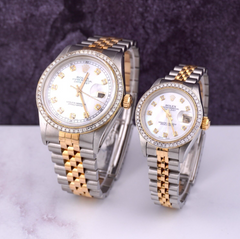 Rolex SET Datejust 26/36mm 18k Yellow Gold & Steel ICED 1.75ct Diamonds MOP Dial